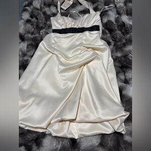 le chateau Ivory Strapless Satin Dress with Black Waist Bow
